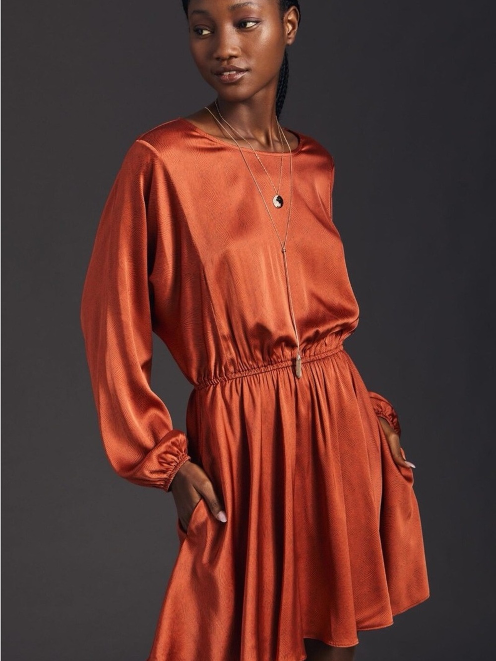 Caballero Long-Sleeve Satin Mini Dress in Rust — Elastic Waist